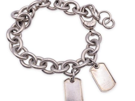 Gucci Sterling Silver 925 Rolo Chain Bracelet with Two Dog Tags on Sale