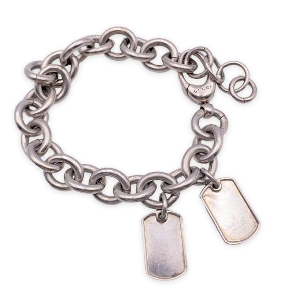 Gucci Sterling Silver 925 Rolo Chain Bracelet with Two Dog Tags on Sale