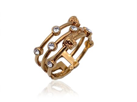 Versace Gold Metal and Crystals Medusa Heads Band Ring Size 25 For Discount