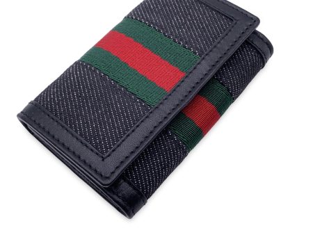 Gucci Black Denim Canvas and Leather Web 6 Key Case Holder Pouch For Sale