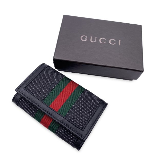 Gucci Black Denim Canvas and Leather Web 6 Key Case Holder Pouch For Sale