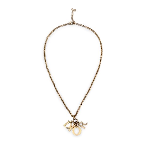 Christian Dior Gold Metal Dangling Letters Logo Necklace Discount