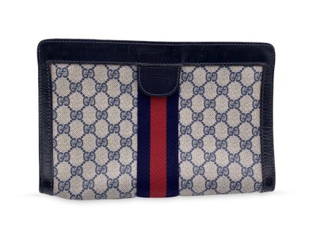 Gucci Vintage Blue Monogram Canvas Cosmetic Bag Clutch Stripes Supply