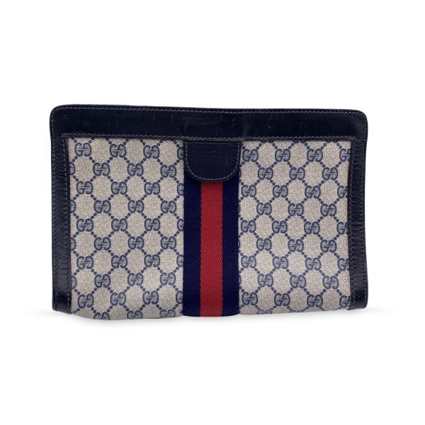 Gucci Vintage Blue Monogram Canvas Cosmetic Bag Clutch Stripes Supply