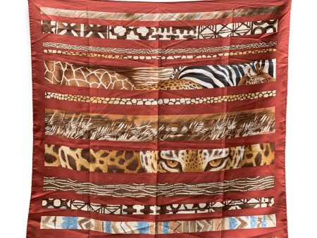 Salvatore Ferragamo Vintage Brown Striped Animaler Print Silk Scarf For Sale