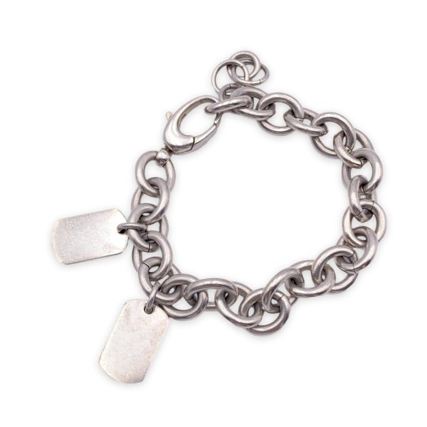 Gucci Sterling Silver 925 Rolo Chain Bracelet with Two Dog Tags on Sale