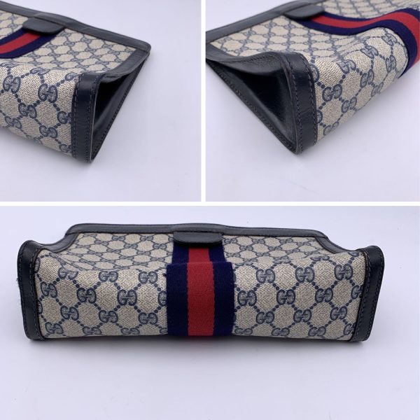 Gucci Vintage Blue Monogram Canvas Cosmetic Bag Clutch Stripes Supply