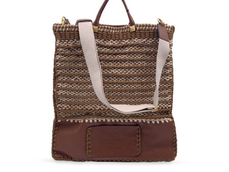 Valentino Garavani Rockstud Brown Leather and Crochet Tote Bag For Cheap