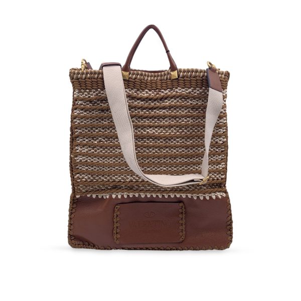 Valentino Garavani Rockstud Brown Leather and Crochet Tote Bag For Cheap