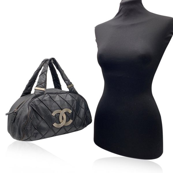 Chanel Dark Grey Quilted Leather CC Logo Bowling Bowler Bag Online Sale