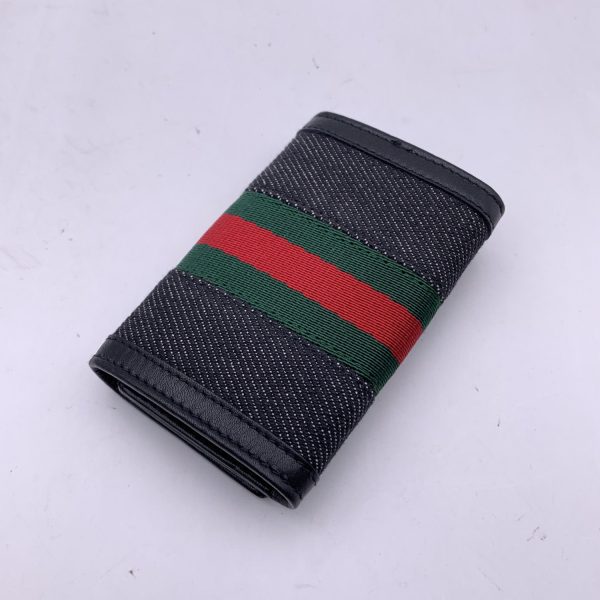 Gucci Black Denim Canvas and Leather Web 6 Key Case Holder Pouch For Sale