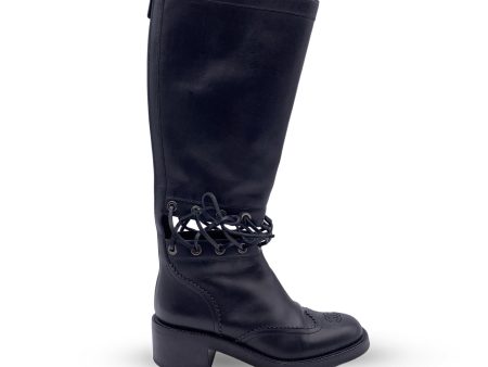 Chanel Black Leather 2016 Lace-Up Cutout CC Knee High Boots Size 38 Fashion