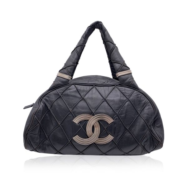 Chanel Dark Grey Quilted Leather CC Logo Bowling Bowler Bag Online Sale